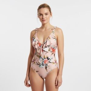Womens Floral One Piece Womens Swimsuit Size Large Pink Spring Ruffled NWOT